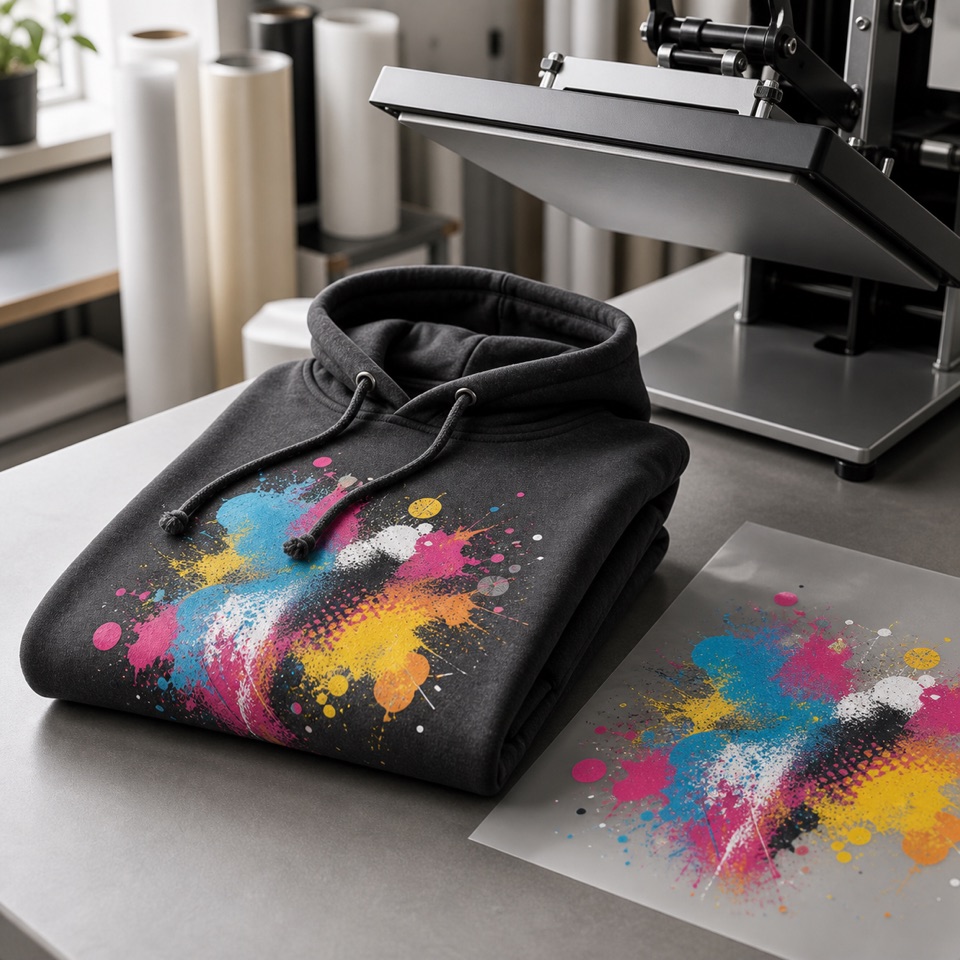 Bluza z dużym nadrukiem DTF przy prasie termicznej